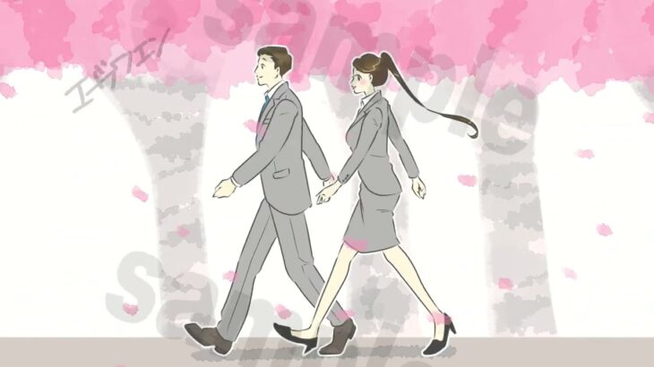 歩き続けるビジネスパーソン　男女　桜並木と花びら