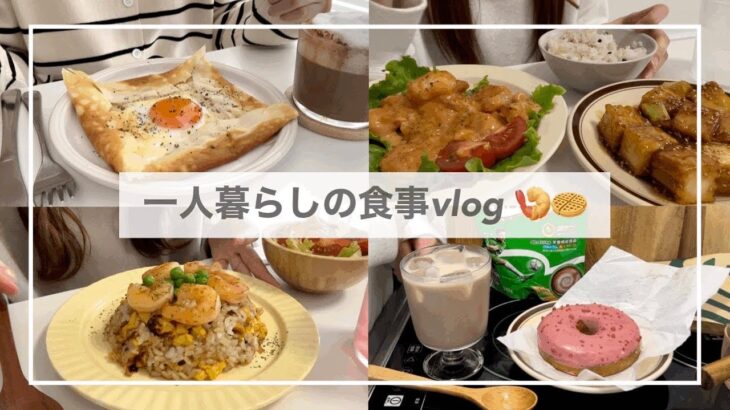 一人暮らしの食事vlog🍤/海老マヨと海老チャーハンを作って食べる/スタバのメロンフラペチーノ、手作りガレット、厚揚げとさつまいものそぼろ煮