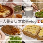 一人暮らしの食事vlog🍛/トマトカレーを作ってピーナッツバナナトーストを食べる🍌🥜/ミスドとゴンチャの新作/焼きチーズカレー、納豆パスタ