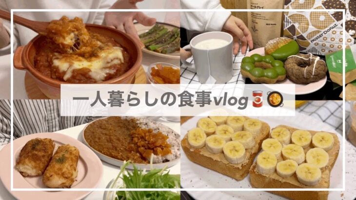 一人暮らしの食事vlog🍛/トマトカレーを作ってピーナッツバナナトーストを食べる🍌🥜/ミスドとゴンチャの新作/焼きチーズカレー、納豆パスタ