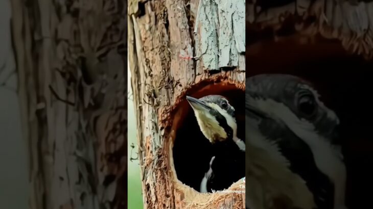 #罕見啄木鳥用嘴巴在大樹辛勤啄窩覓食昆蟲